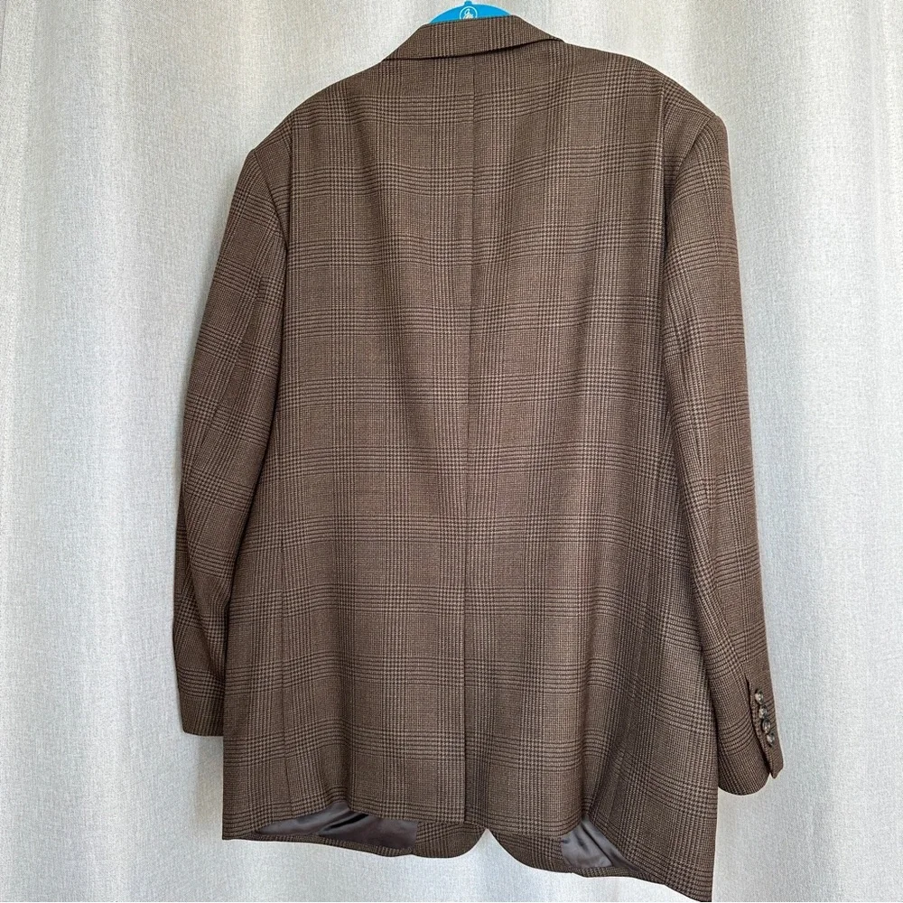 Jos A Bank 46L Beige Blue 100% Wool Sport Coat Glen Check Pattern
